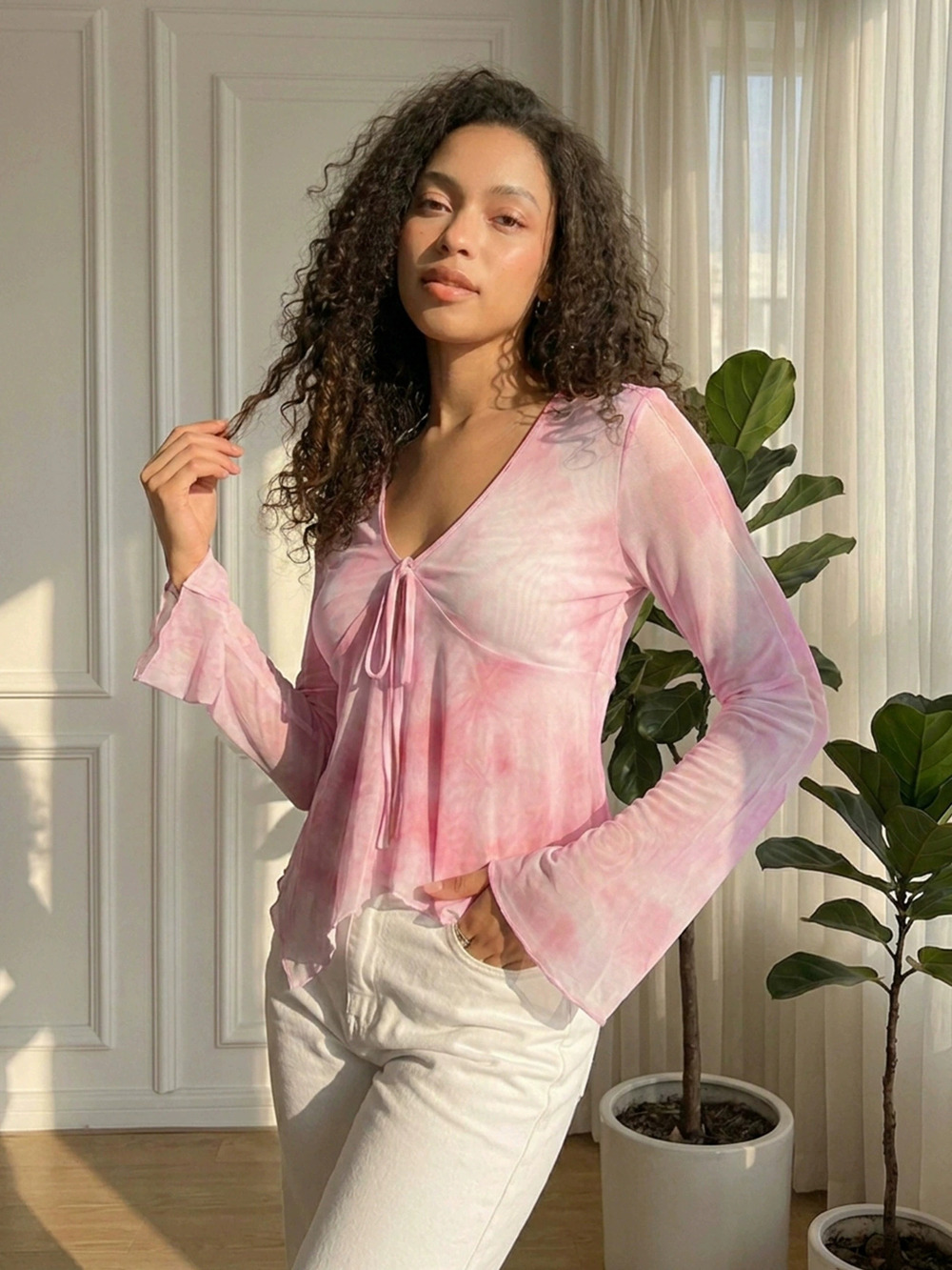 ZARA Summer Sexy Floral Mesh Tie Neck Long Sleeve Top